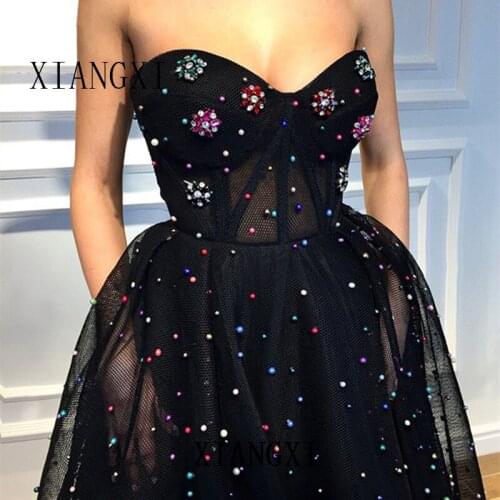 Robes de soirée musulmanes noires 2020 a-ligne chérie Tulle perles élégant dubaï saoudien arabe longue robe de soirée robe de ba