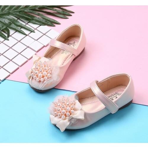 Girls Leather Shoes Mary Janes White Pink for Wedding Party Pearls Beading Lace Princess Kids Flats Children Dress Shoes 26-36