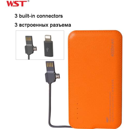 WST Power Bank 4000mAh With Built in Cable Portable Battery Charger Colorful Ultra Thin Slim External Batteries Pack for Mobile