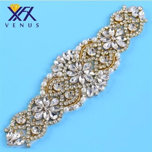 XINFANGXIU 1piece Handmade Shiny Wedding dress Rhinestone applique bridal belt with glass rhinestones beads for Bridal dress