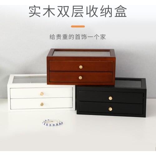 Retro solid wood jewelry storage box bedroom desktop wooden double layer drawer organizer organization
