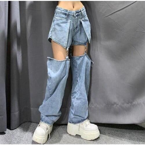 Shnsophi Retro Jeans Women Splice Wide Leg Trousers Cotton Loose Hip-hop Chain Removable Womens High Street Denim Pants New
