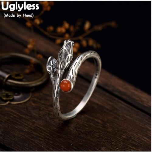 Uglyless Real Solid 925 Sterling Silver Handmade Leaves Open Rings for Women Agate Finger Ring Ethnic Thai Silver Female Jewelry