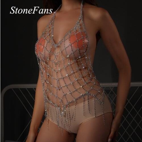 Stonefans Rhinestone Mesh Dress Festival for Women Top 2021 Party Summer Sexy Tassel Bodies Chain Swimsuit Acessory Bikini Gift