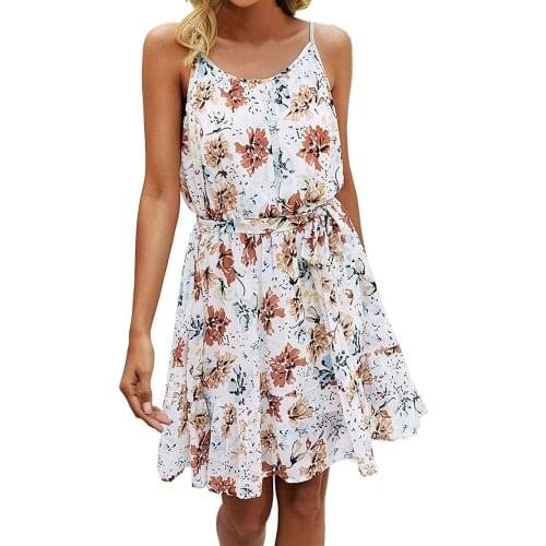 40# Vintage Bohemian Dresses Womens Flower Print Bandage Summer Sundress Sleeveless Holiday High Waist Dress Women Elegant