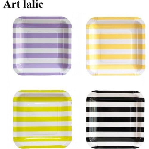 12Pcs 9 inch Colorful Striped Square Dinner Paper Plates Party Decor Supplies Tableware Kids Birthday Wedding CP055