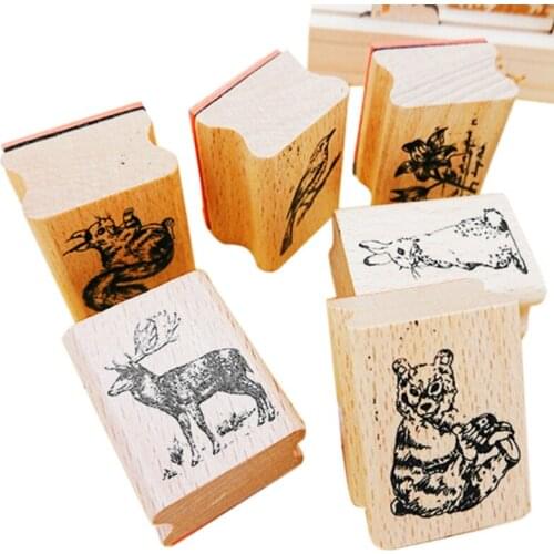 12Pcs/lot Kawaii Vintage forest animal wooden rubber stamps for scrapbooking diary standard stamp wholesale