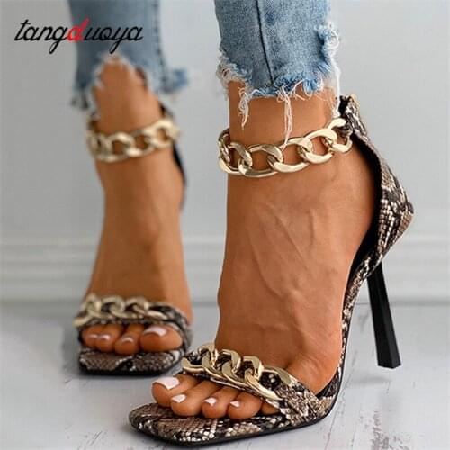 New Women Office Pumps Metal Decoration Chain Open Toe Thin Heels Sandals Snake Print Fashion Stylish Summer High Heels Sandals