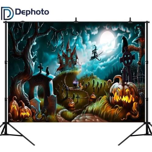 DePhoto Photo Background Halloween Castle Photography Backdrop Night Witch Crows Pumpkin Moon Cemetery Cartoon Photostudio Props