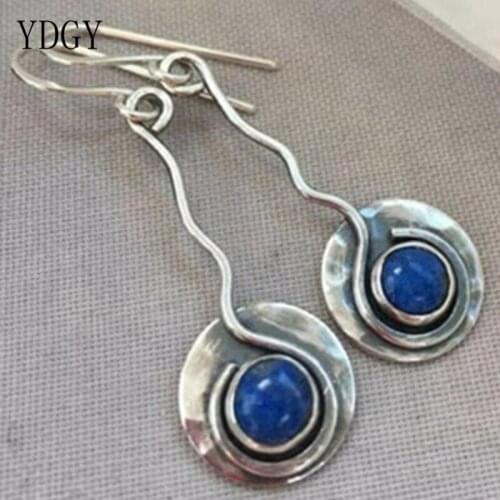 YDGY long geometric large earrings Bohemia in Handmade curved wire Earrings inlaid Blue Lapis Lazuli creative Earrings