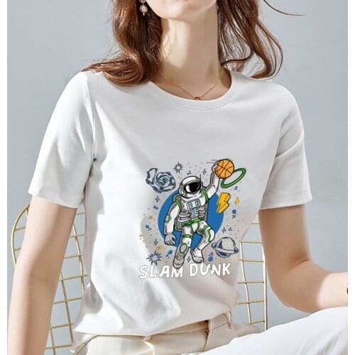 Summer Breathable Womens T-shirt Slim Simple Cute White Top Dream Spaceman Casual Young Women Wild Round Neck Ladies Shirt