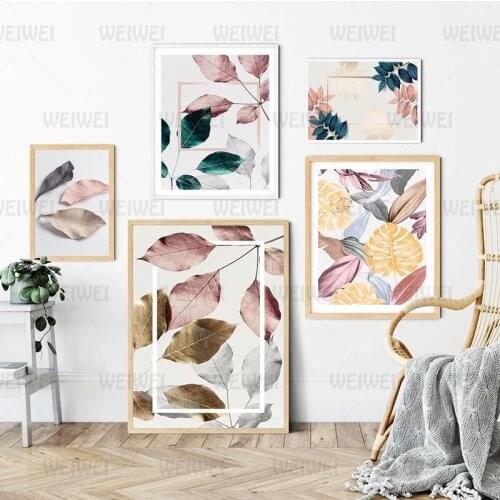 Tropical Plant Green Pink Leaves Canvas Painting Scandinavian Wall Art Posters and Prints Nordic Pictures for Living Room Decor