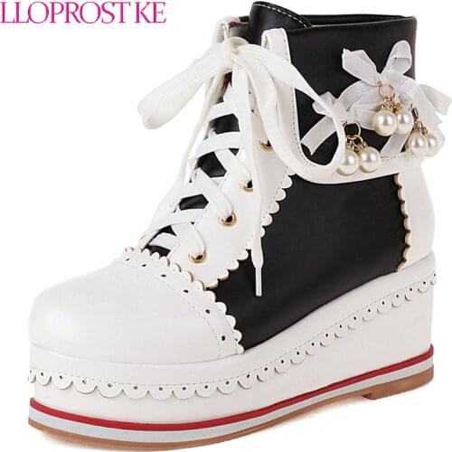 Lloprost ke Autumn Fashion Platform Lace Up Boots Wedges Ankle Boots Women 2021 New Female Punk Style High Heels Shoes for Woman
