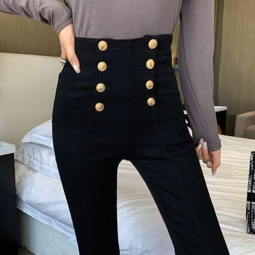 Fashion Womens Trousers 2021 Autumn New High-elastic Double-breasted Tight-fitting High-waisted Slimming Pants Womens Pants