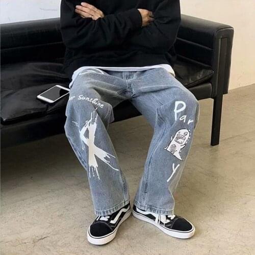 Mens casual jeans street fashion straight-leg sports trousers mens printing washed loose wide-leg pants trendy brand mens tro