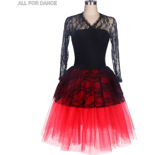 New Ballet Romantic Tutu for Girl & Women Black lace Sleeves Black Velvet Top Bodice Red Tulle Romantic Ballet Tutu Dancewear