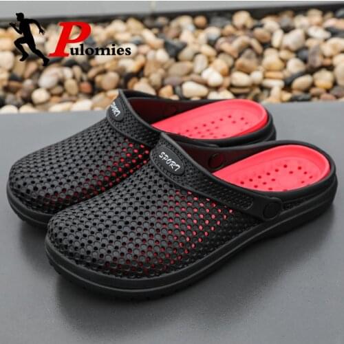 PULOMIES Summer Men Slippers Massage Clogs Outdoor Garden Shoes Men Pool Sandals Bathroom Cross-tied Slides Mules Beach Slippers