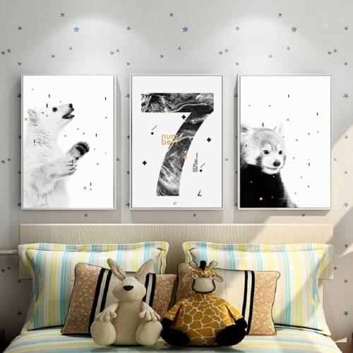 Nordic Modern Minimalism Black and White Animal Canvas Painting Poster Cartoon Wall Art Childrens Room Decoration