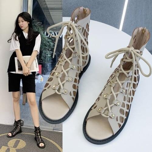 Hollow Out modern sandals women cross-tied high-top sandales summer boots shoes woman open toe zipper flat sandalias mujer 2021