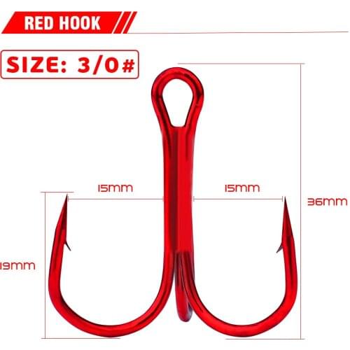 10pcs/Box Treble Fishing Hooks Fishing Tackle Carbon Steel Color Red Barbed Sharp Fishhooks Saltwater Accessories