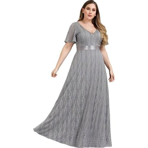 Evening Dress Pleat Short Sleeves Embroidery A-Line V-Neck Zipper Back Elegant Floor-Length Plus Size Women Formal Gowns D940