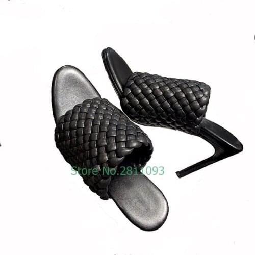 Knitted Handwork Slipper Outdoor Stiletto High Heel Shoes Open Toe Slip On Dress Office Lades Shoes Summer Genuine Leather Solid