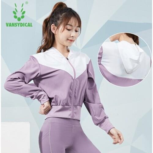 VANSYDICAL Running Jacket Women Long Sleeve Hoodies Color Patchwork Yoga Top Crop Top with Zipper Gym Clothing Female Sport Coat