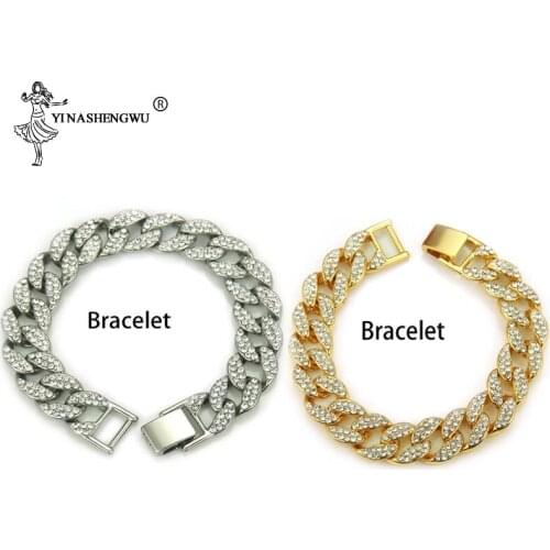 Gold Color Hip Hop/Punk Women Mens Bracelets Iced Out Cubic Zircon Miami Curb Cuban Link Chain Bracelet Jewelry Gifts 8Inch