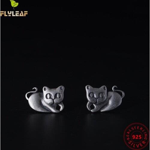 Flyleaf New Hot Sales Trendy Cat Stud Earrings For Women 100% 925 Sterling Silver Vintage Lady Earring Jewelry