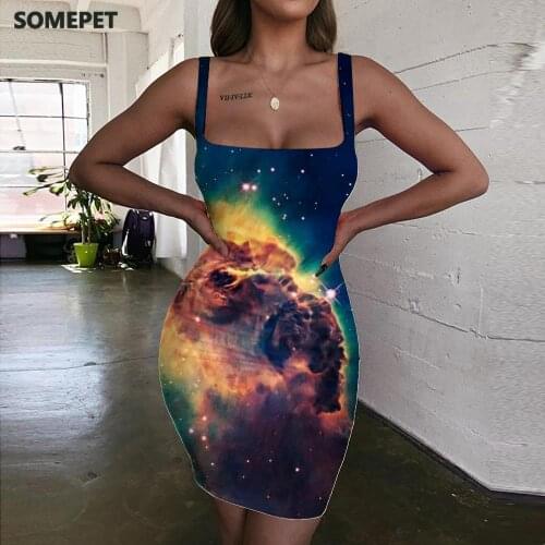 SOMEPET Galaxy Dress Women Nebula Halter Sleeveless Colorful Vestido Sexy Sky Ladies Dresses Womens Clothing Mini Evening New