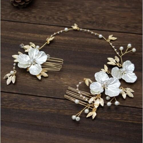 Gold Pearl Beads Flower Headband Tiaras with Comb Crystal Rhinestone Hair Combs Jewelry Headpiece Bridal Wedding Accessories