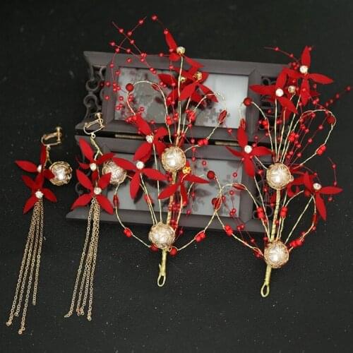1set Chinese Red Flower Hair Combs Wedding Bridal Fashion Jewelry Women Prom Headpiece Charm Hair Accessories Hair Pins Clips