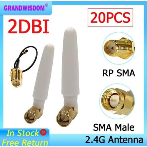 20pcs 2.4Ghz antenna Wifi 2dbi SMA Male connector white 2.4 ghz antena Router Antenna +21cm RP-SMA Male Pigtail Cable