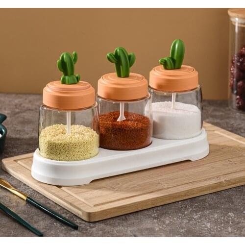 3PC Kitchen Jar Salt Shaker Seasoning Box Bottle Combination Set Glass Seasoning Household New Cactus