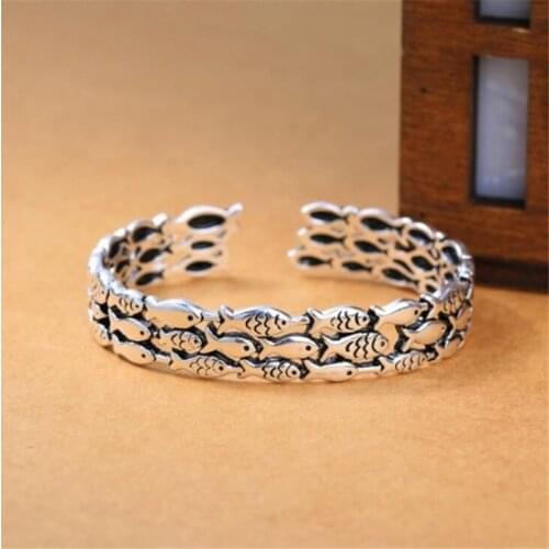 Season Gate 925 Sterling Silver Retro Thai Silver Shoal Fish Gifts Adjustable Size Open Bracelets for Women Girls SB013