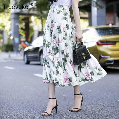 Designer Resort Skirt Womens Summer Rose Floral Printed Skirt Ladies Elegant Midi Holiday Skirt