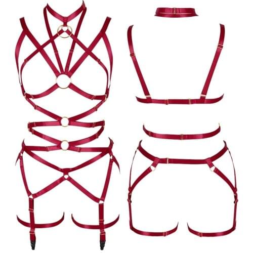 Fetish Full Body Harness O-Ring Sexy Lingerie Set Goth Cage Bra Chest Belt Strappy Adjust Plus Size Soft Tops Club Festival Rave