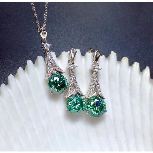 KOFSAC New Luxury Shiny Green Zircon Necklace Set 925 Sterling Silver Women Geometric Jewelry Fashion Lady Valentines Day Gifts