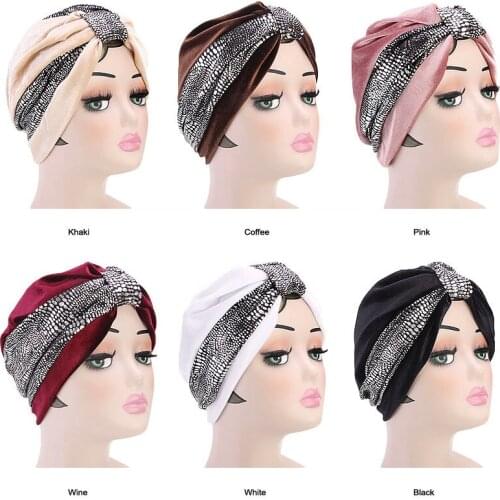 Muslim Womens Velvet Knot Ruffle Turban Hat Chemo Beanie Cap Headwear Wrap Plated Bonnet Hair Accessories For Cancer