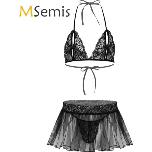 Mens Sissy Lingerie Set See Through Lace Nipple Hole Bra Top Mini Flared Skirt with Built-in Briefs Exotic Apparel Nightwear