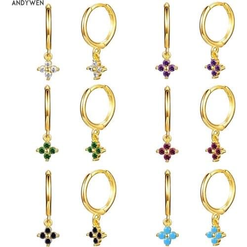 ANDYWEN 925 Sterling Silver Gold Four Zircon Charm Drop Earring Dangle Tiny Women Piercing Clips Pendiente Fine Jewelry Party CZ