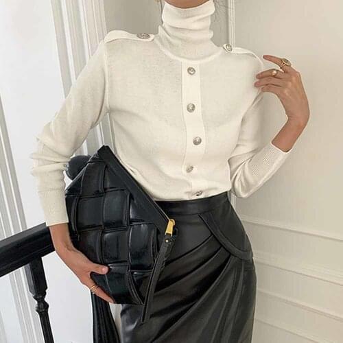 White Bottom Pull Femme Office Lady Sweaters Korean Elegant Women Pullover Single Breasted Turtleneck Knited Sweater