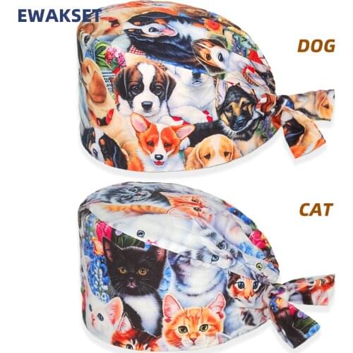 Adjustable Scrubs Cap Beauty Salon Dental Clinic Work Caps Anime Printing Tie Back Nurse Accessories Scrub Hats for Women Men