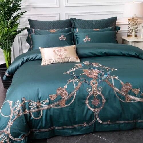 Luxury Royal 100S Egyptian cotton Embroidery Bedding sets Queen King Wedding Duvet cover Bed sheet set Pillowcases blue 4/6pc