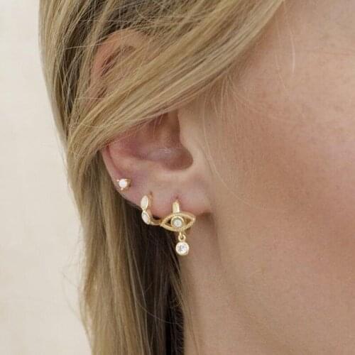 100% 925 sterling silver minimal white fire opal Evil Eye Cartilage Hoop Earrings For Women Small cz classic lucky Earr jewelry