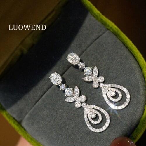 LUOWEND Real 18K Solid White Gold Drop Earrings Female Diamond Earring Engagement Party Jewelry Water Drop Design