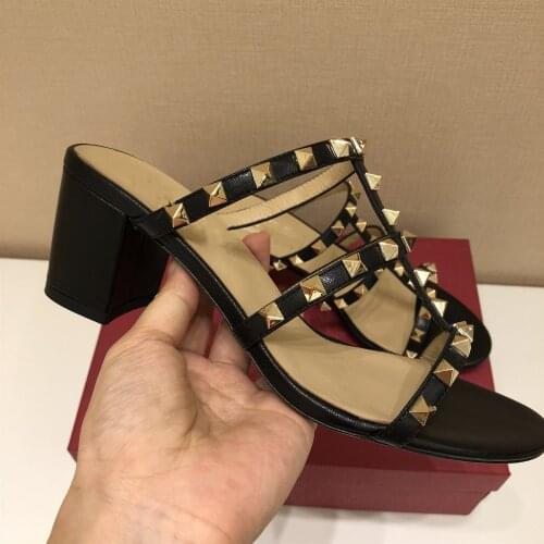 Bonjean 2020 women slippers Cow leather summer open toe rivets khaki color high heels square heel beaches sandals party dress