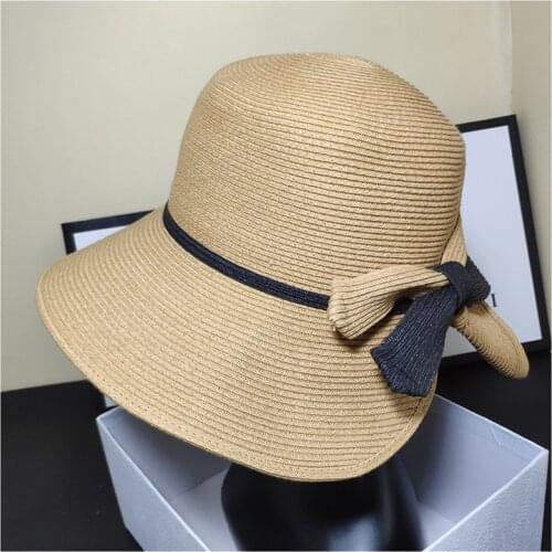 Women Summer Foldable Open Top Straw Sun Hat Bowknot Back Adjustable Breathable UV-Protection Wide Brim Beach Visor Cap