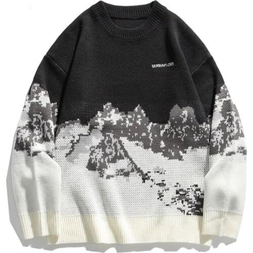 Autumn Winter floral print Knitted sweater women Korean fashionLong sleeve O neck black Pullover Oversized women sweaters