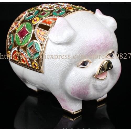 Vintage Style Big Pig Metal Hinged Trinket Pill Box Pig Enameled Trinket Box Cute Dog Piggy Bank Pig Money Box for Coins & Cash
